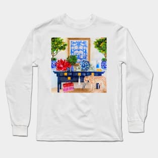 Cheetah and her cub in chinoiserie interior with ginger jars, lemon tree and red  bag Long Sleeve T-Shirt